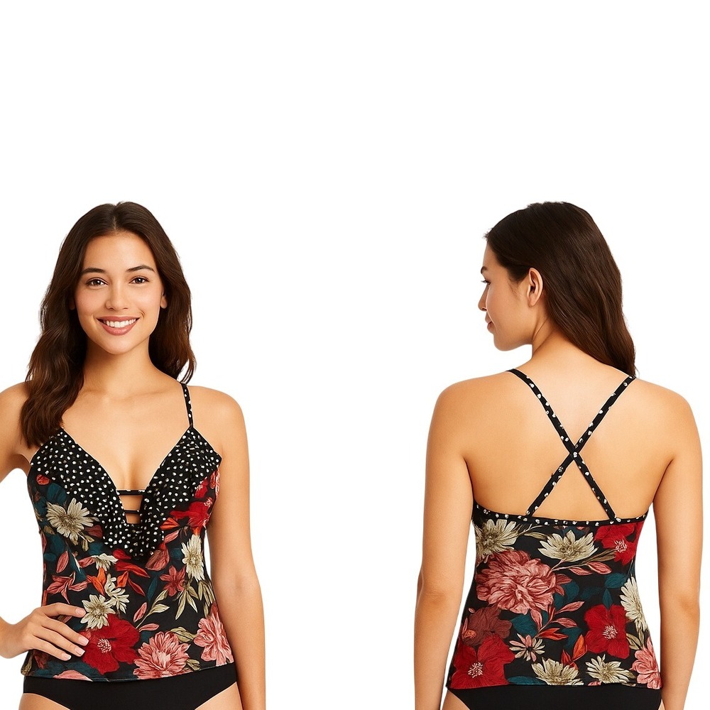 Time And Tru Tankini Swim Top Wildflower Floral Polka Dot Ruffled Beach Resort S
